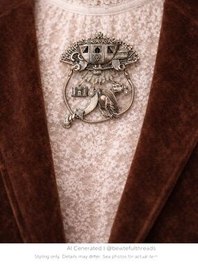 Vintage Victorian Revival Charm Brooch Carriage Fairycore Ornate Dangle